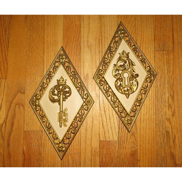 Vintage Syroco Diamond Shaped Lock & Key Wall Hangings gold plaque mcm art deco - Picture 7 of 9
